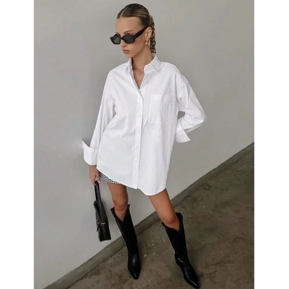 White Loose Fitting Dress Shirt Button Down, Long Sleeve - Picture 3 of 9